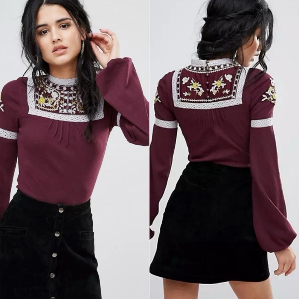 Free People Cozy On Up Eggplant Embroidery Cottage Core Boho Preppy Sz M